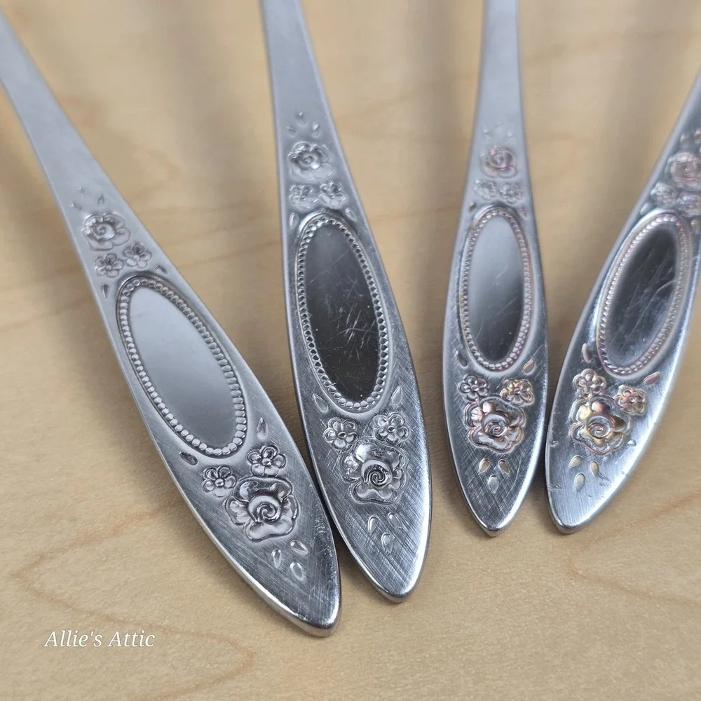 4 Oneida Stainless Table Teaspoons Set Vignette Floral Rose Community Flatware